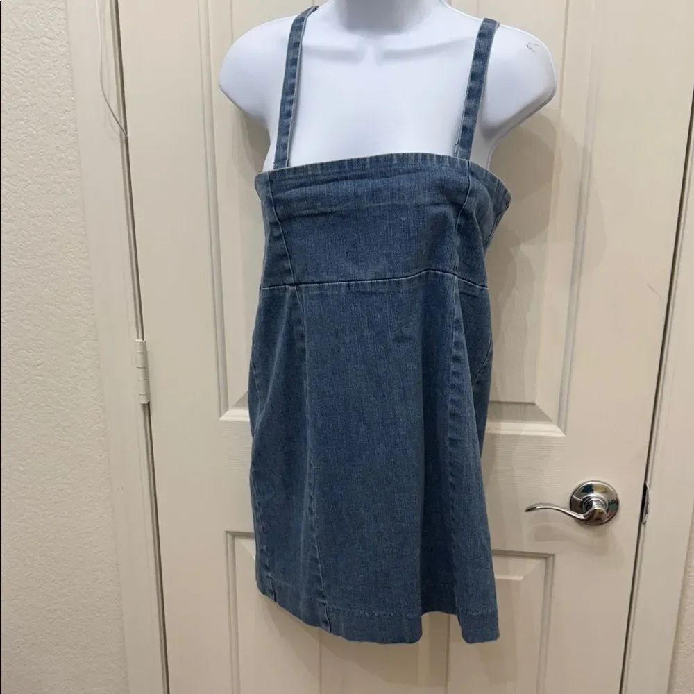 Lux Blue Denim Mini Dress Adjustable Straps Size 10 Square Neck Slit Back - Picture 3 of 12